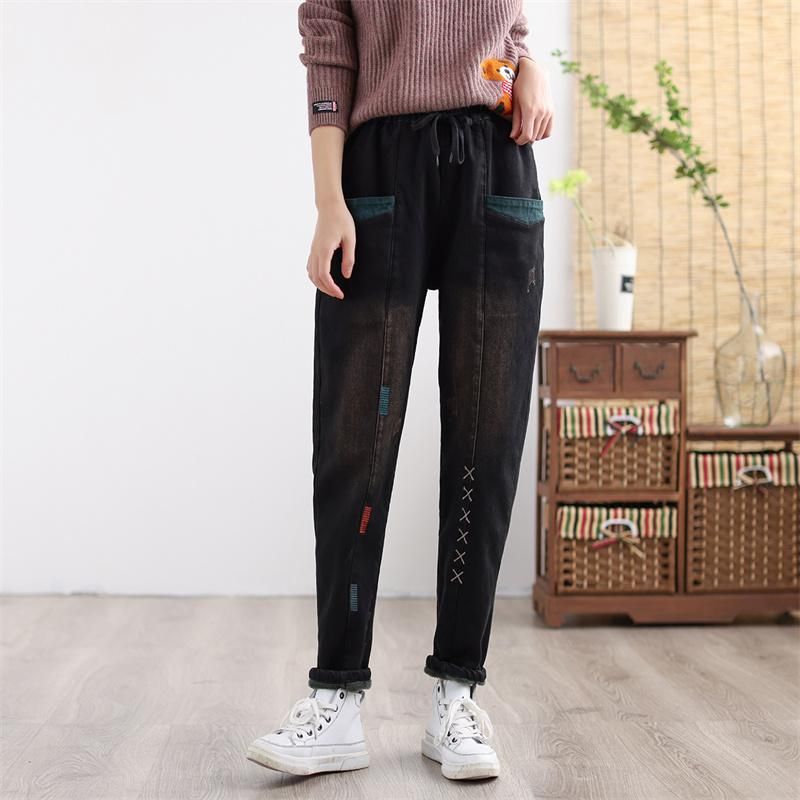 Kvinder Vinter Thicken Retro Broderet Patchwork Elastiske Jeans