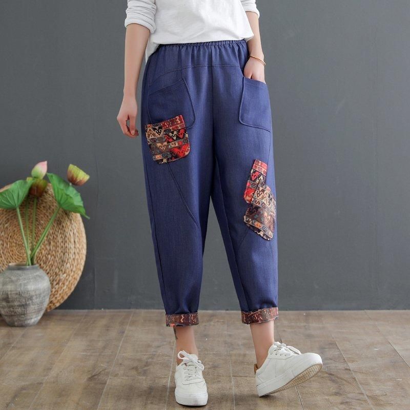 Mom's Bomuldslinned Plus Size Denim Harem Bukser