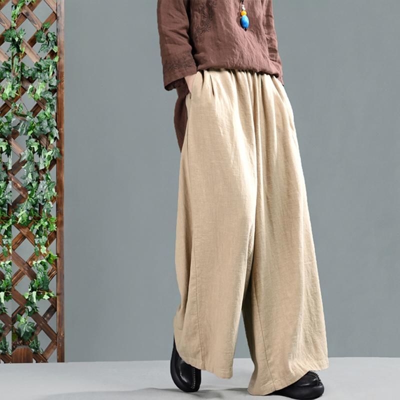 Retro Bomuld Linned Kvinder Casual Wide Leg Bukser