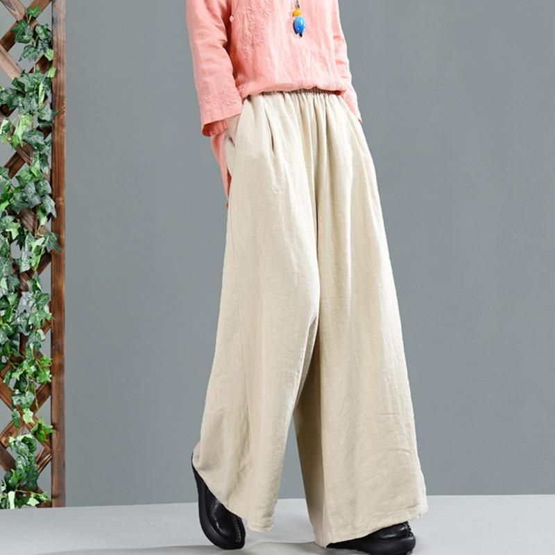 Retro Bomuld Linned Kvinder Casual Wide Leg Bukser