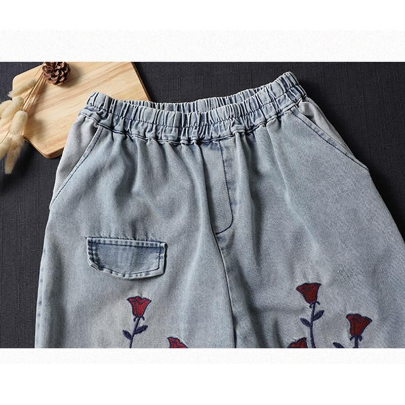 Retro Broderi Denim Lige Bukser