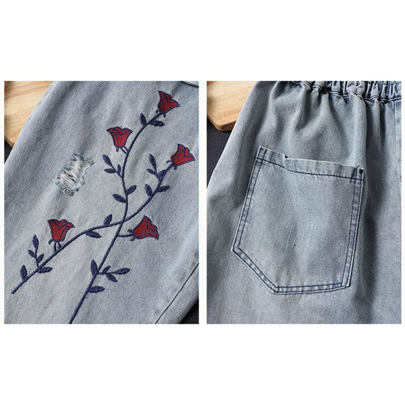 Retro Broderi Denim Lige Bukser