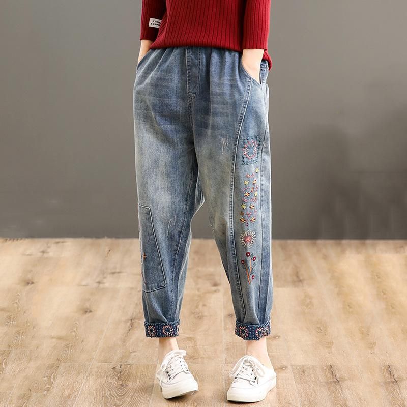 Retro Broderi High Waist Denim Harem Bukser