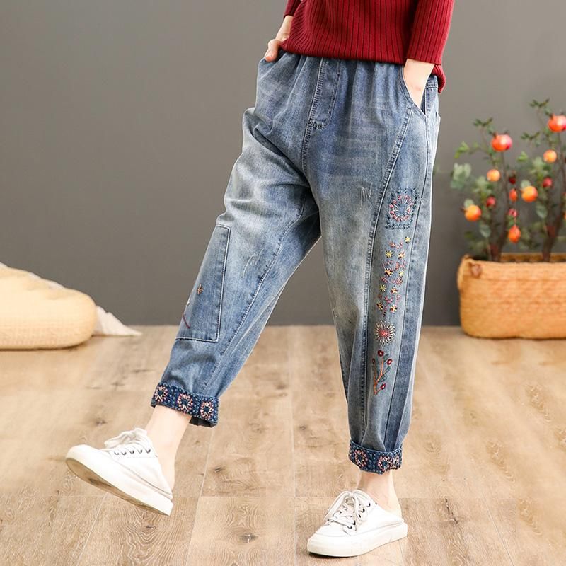 Retro Broderi High Waist Denim Harem Bukser