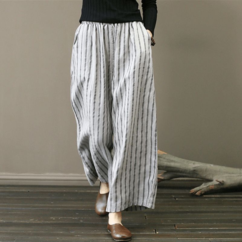 Retro Linen Stripe Loose Wide Leg Bukser