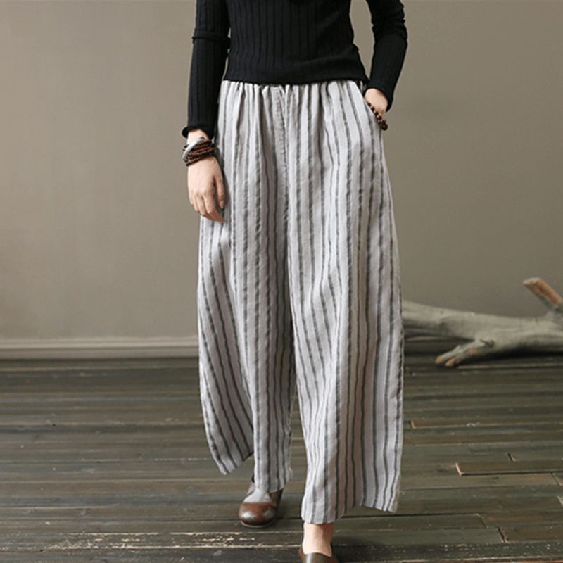 Retro Linen Stripe Loose Wide Leg Bukser