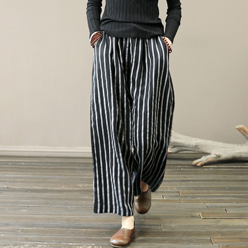 Retro Linen Stripe Loose Wide Leg Bukser