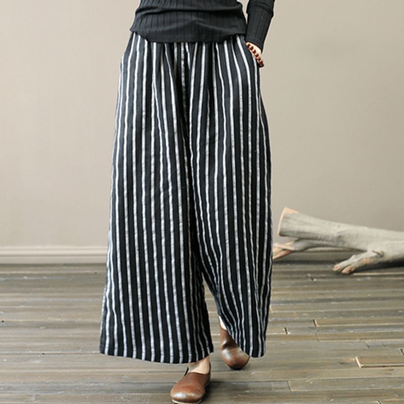 Retro Linen Stripe Loose Wide Leg Bukser