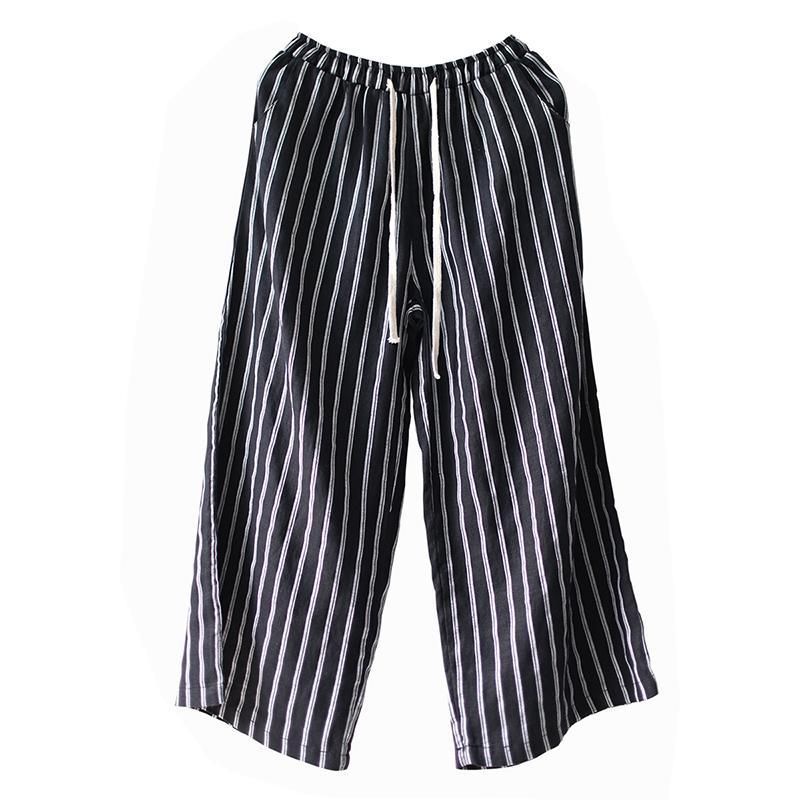 Retro Linen Stripe Loose Wide Leg Bukser