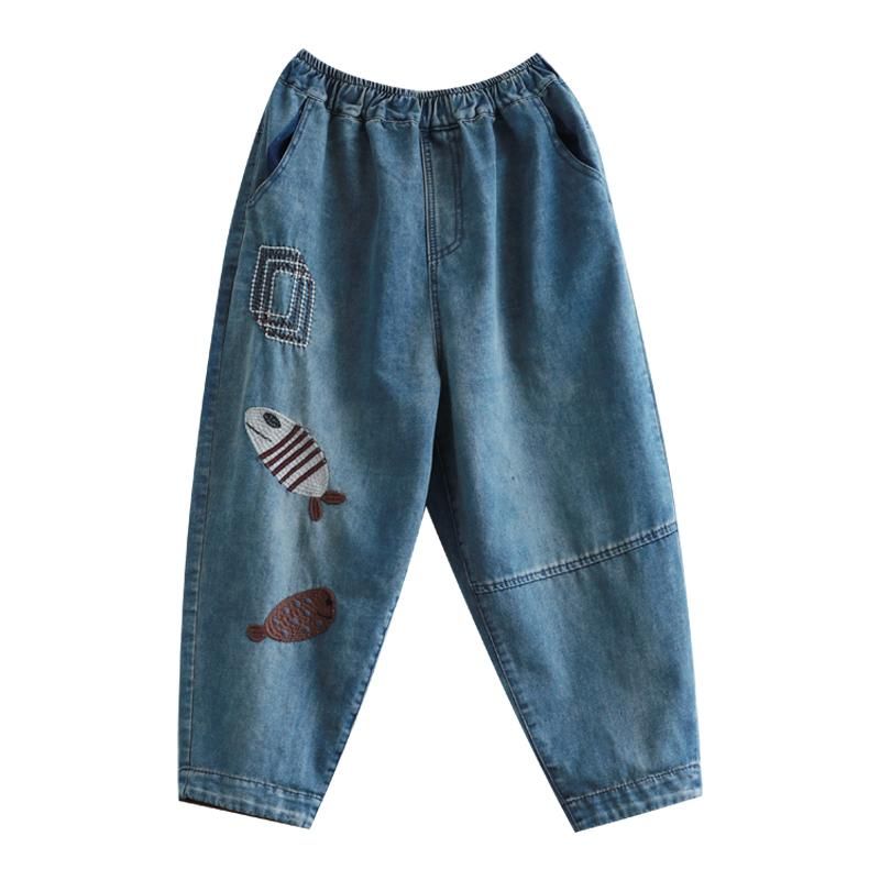 Retro Løs Fisk Broderi Hallen Denim Bukser