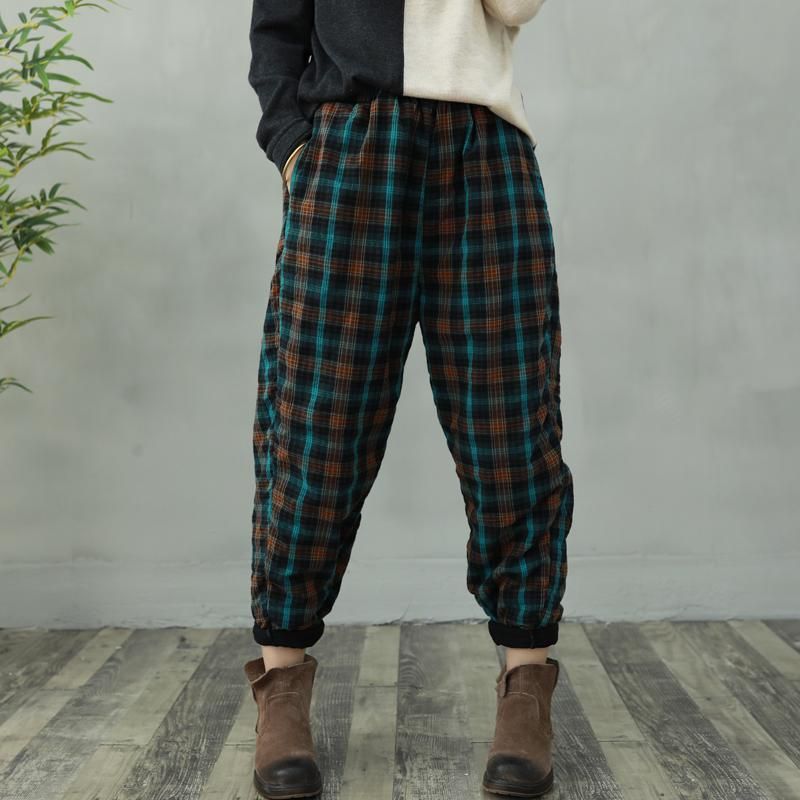 Retro Løse Plaid Bomuld Casual Bukser