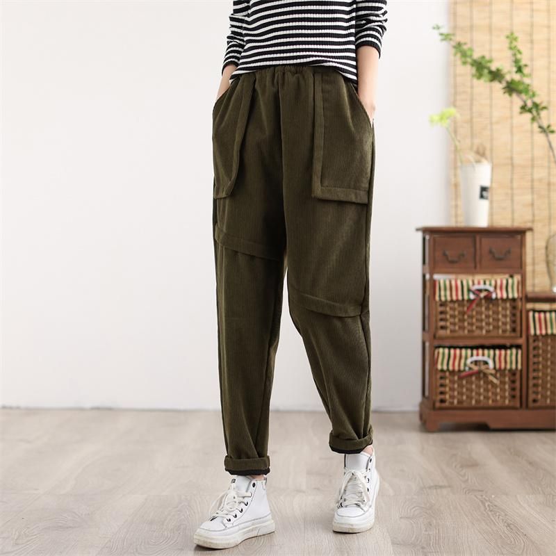 Retro Vinter Varm Patchwork Corduroy Tykke Casual Bukser