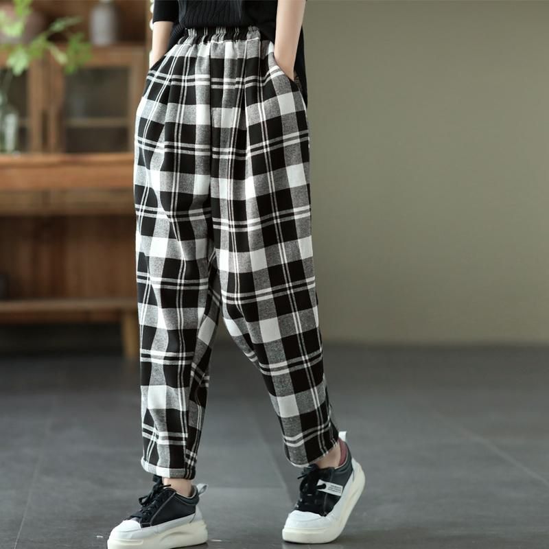 Retro Vinterplys Elastisk Talje Plaid Casual Bukser