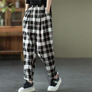 Retro Vinterplys Elastisk Talje Plaid Casual Bukser