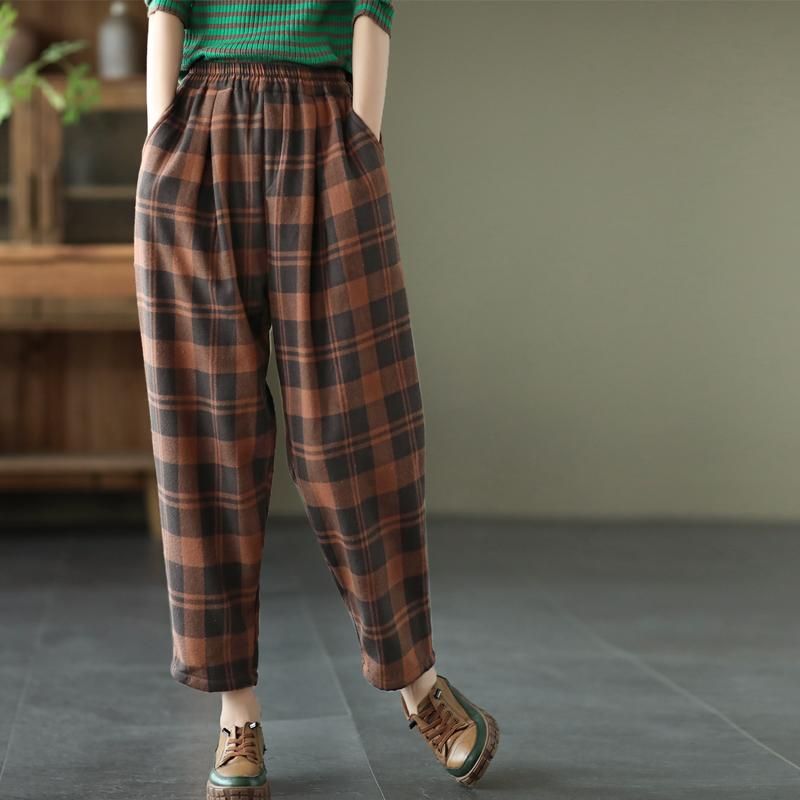 Retro Vinterplys Elastisk Talje Plaid Casual Bukser