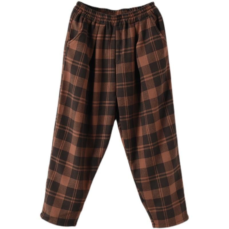 Retro Vinterplys Elastisk Talje Plaid Casual Bukser