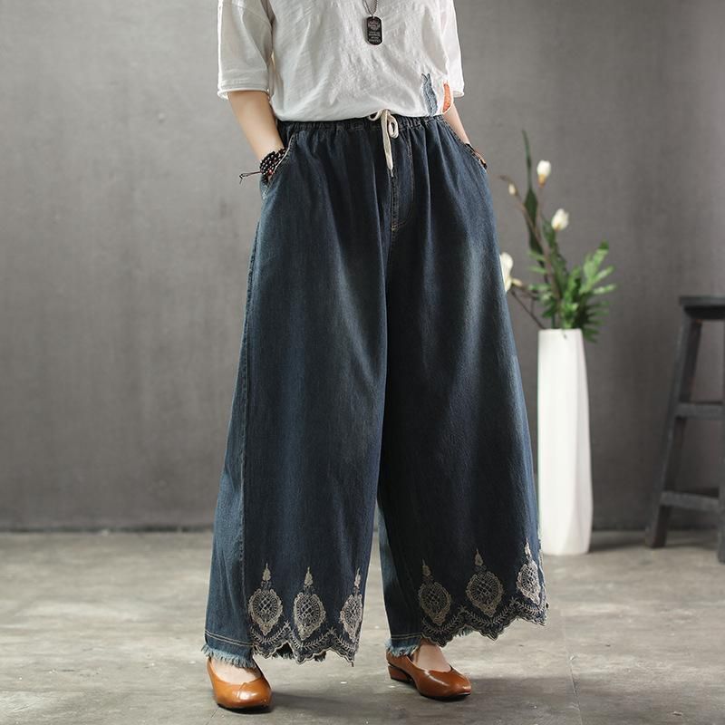 Solid Brodery Sand Wash Wide Leg Bukser