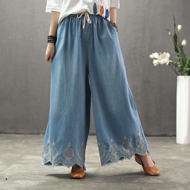 Solid Brodery Sand Wash Wide Leg Bukser