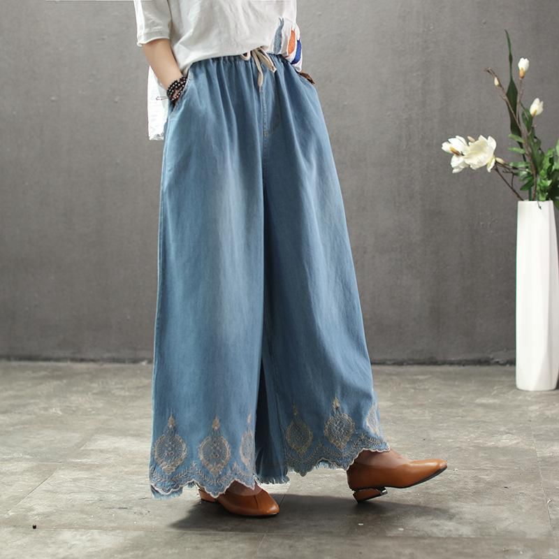 Solid Brodery Sand Wash Wide Leg Bukser