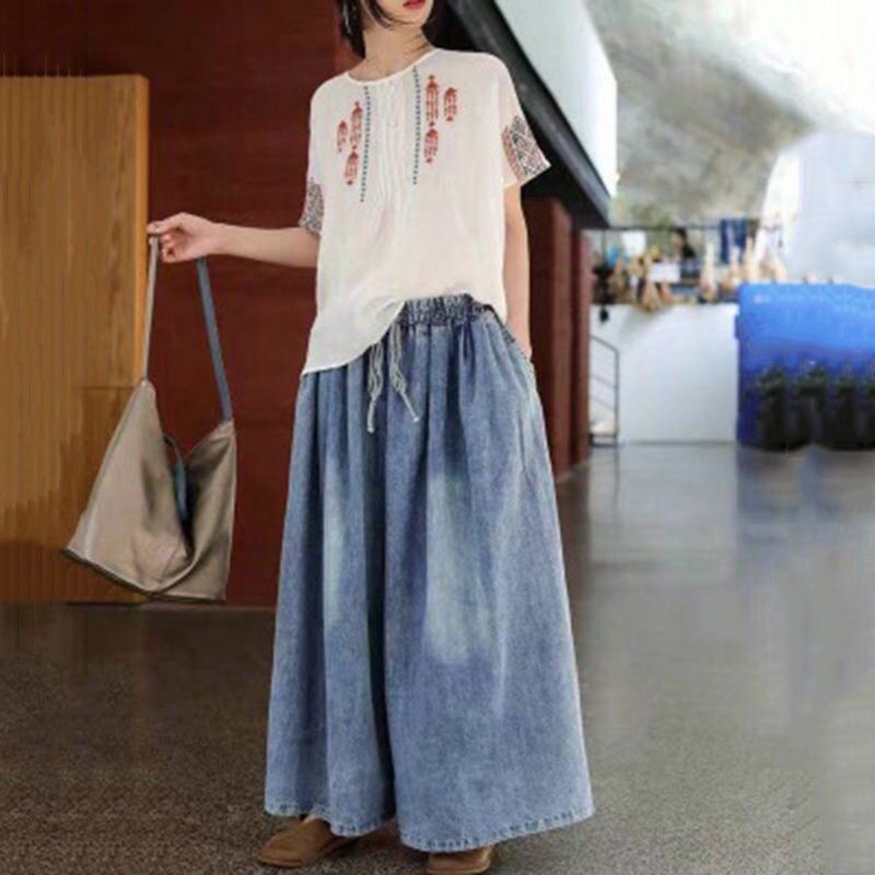 Solid Loose Fit Wide-leg Jeans