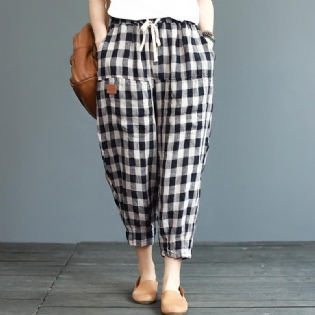 Sommer Nye Plaid Bomuld Linned Løse Casual Bukser