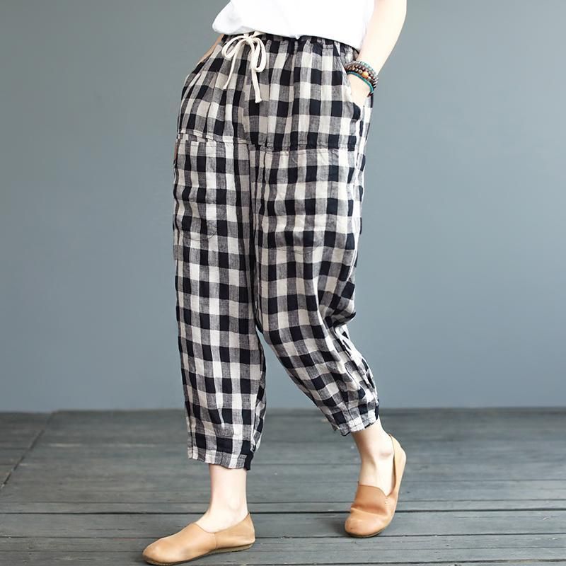 Sommer Nye Plaid Bomuld Linned Løse Casual Bukser