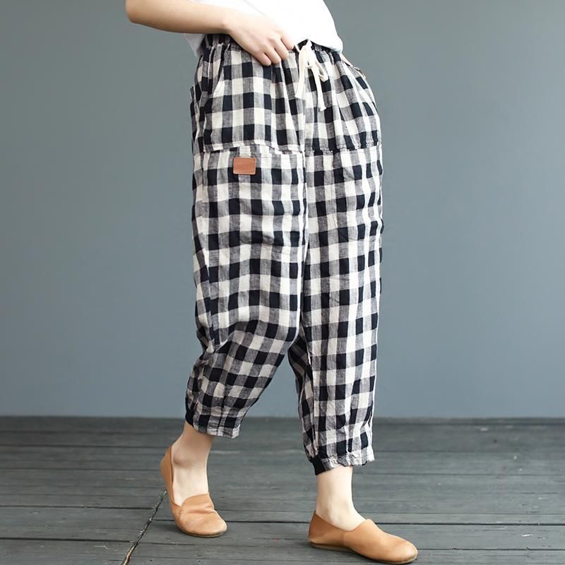 Sommer Nye Plaid Bomuld Linned Løse Casual Bukser