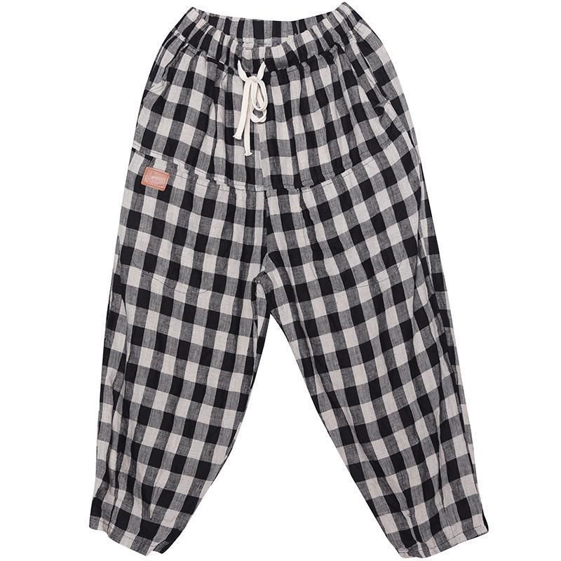 Sommer Nye Plaid Bomuld Linned Løse Casual Bukser