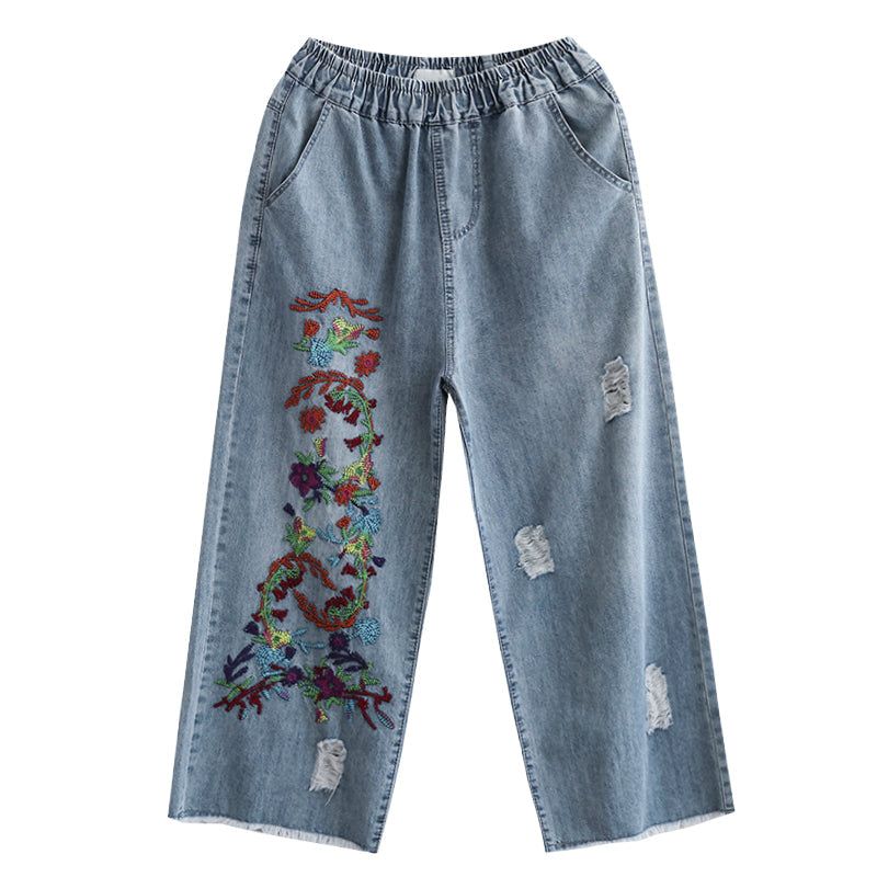 Sommer Retro Blomsterbroderi Bomuld Jeans Med Brede Ben