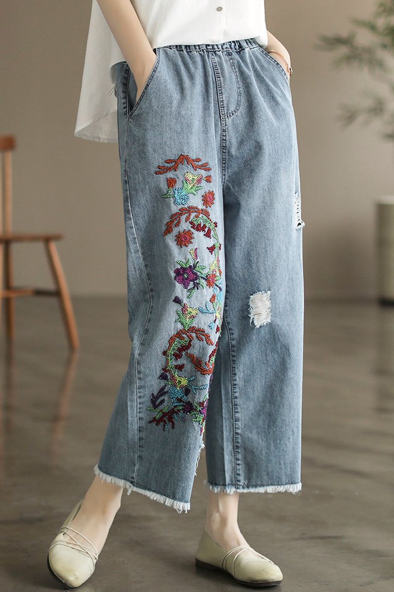 Sommer Retro Blomsterbroderi Bomuld Jeans Med Brede Ben