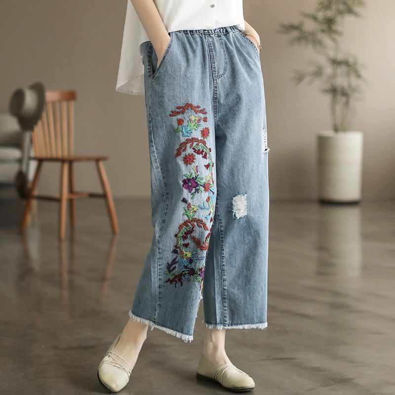 Sommer Retro Blomsterbroderi Bomuld Jeans Med Brede Ben