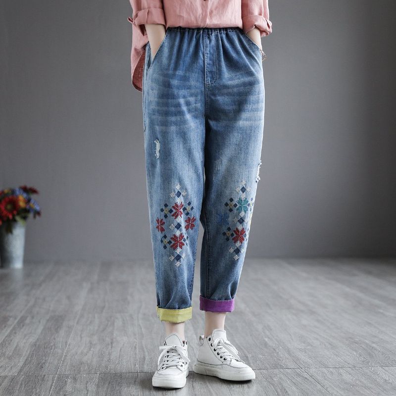 Sommer Retro Denim Broderi Harem Bukser