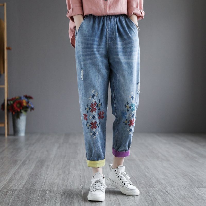 Sommer Retro Denim Broderi Harem Bukser