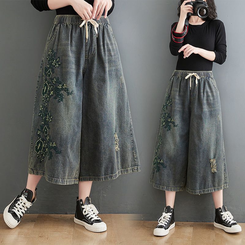 Spring Retro Brodery Floral Ripped Loose Jeans