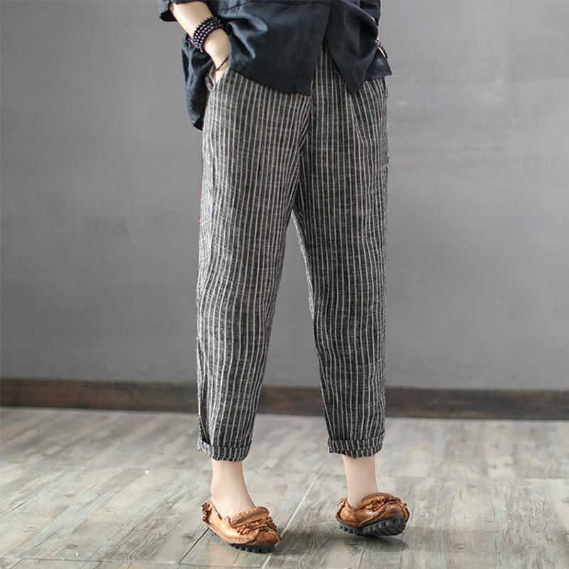 Stribede Casual Cropped Linen Harem Pants S-5xl