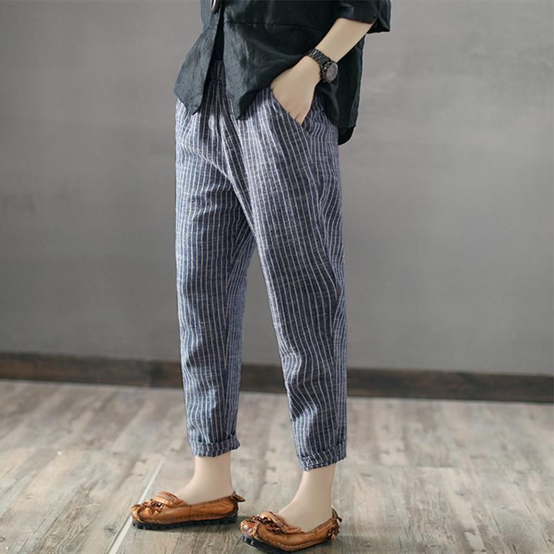 Stribede Casual Cropped Linen Harem Pants S-5xl