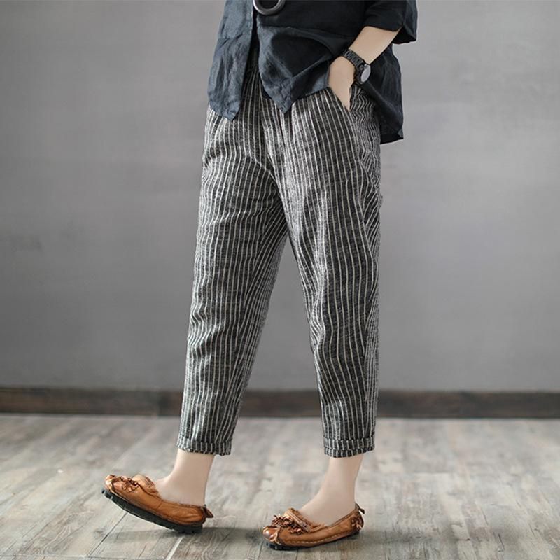 Stribede Casual Cropped Linen Harem Pants S-5xl