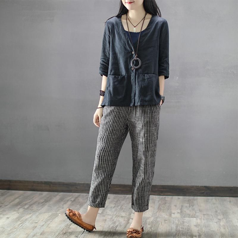 Stribede Casual Cropped Linen Harem Pants S-5xl