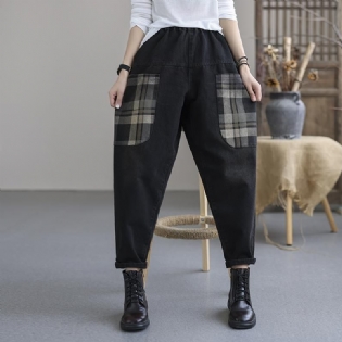 Vintage Autumn Plaid Lommer Casual Bomuld Denim Bukser