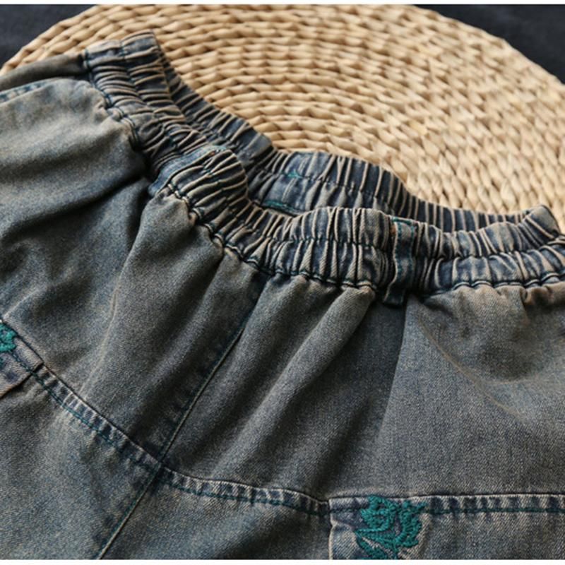 Vintage Broderede Løse Denimbukser Med Brede Ben