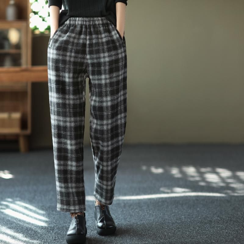 Vinter Plaid Tykke Retro Casual Harem Bukser