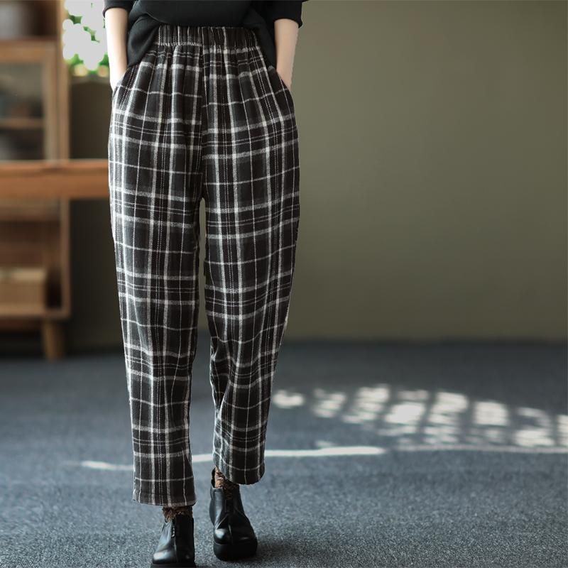 Vinter Plaid Tykke Retro Casual Harem Bukser