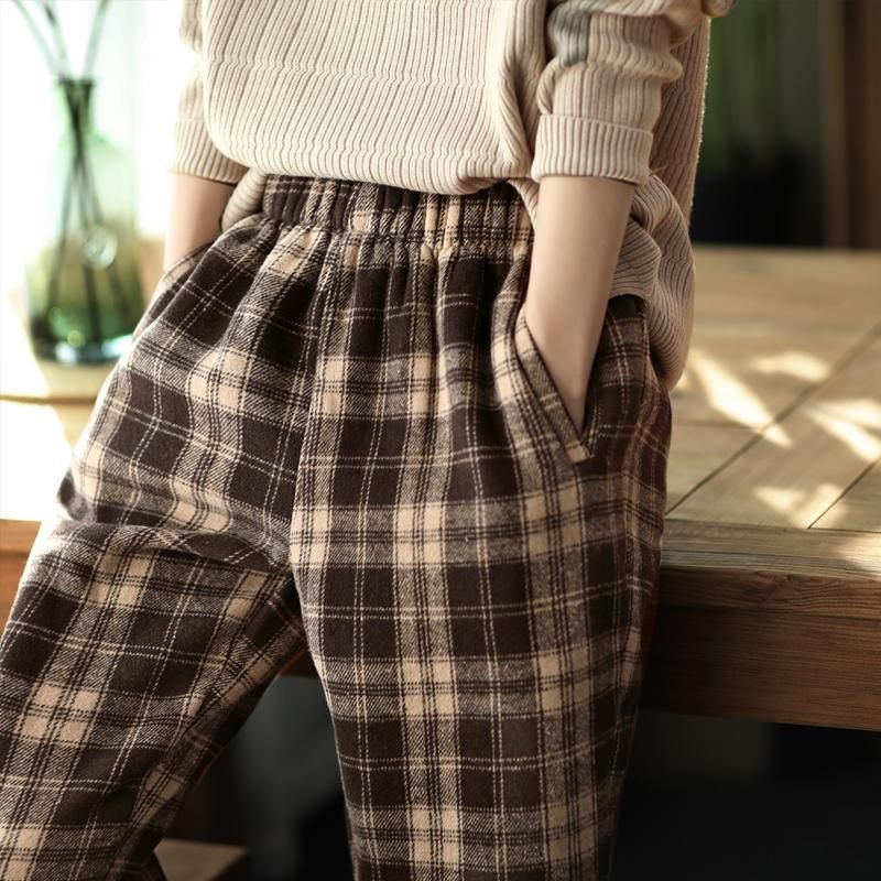 Vinter Plaid Tykke Retro Casual Harem Bukser