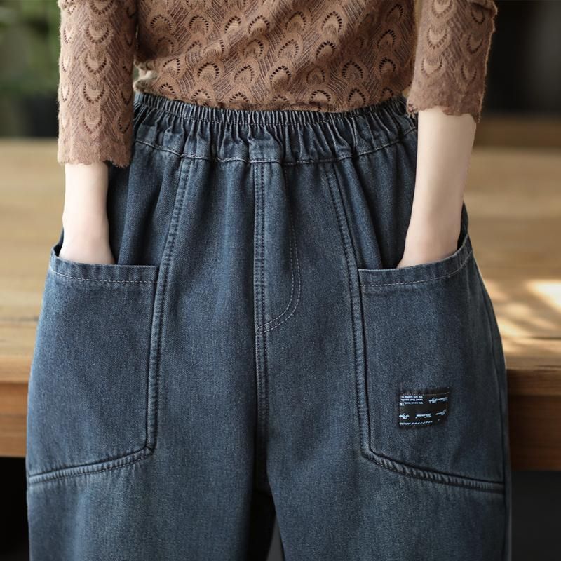 Vinter Retro Patchwork Plys Casual Loose Harem Jeans