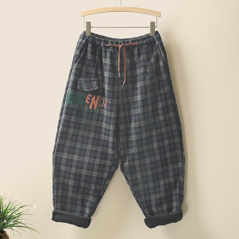 Vinter Retro Plaid Broderi Løse Casual Harem Bukser