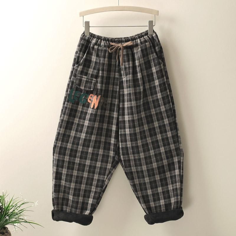 Vinter Retro Plaid Broderi Løse Casual Harem Bukser