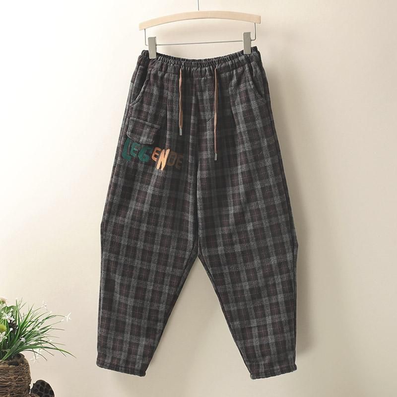 Vinter Retro Plaid Broderi Løse Casual Harem Bukser