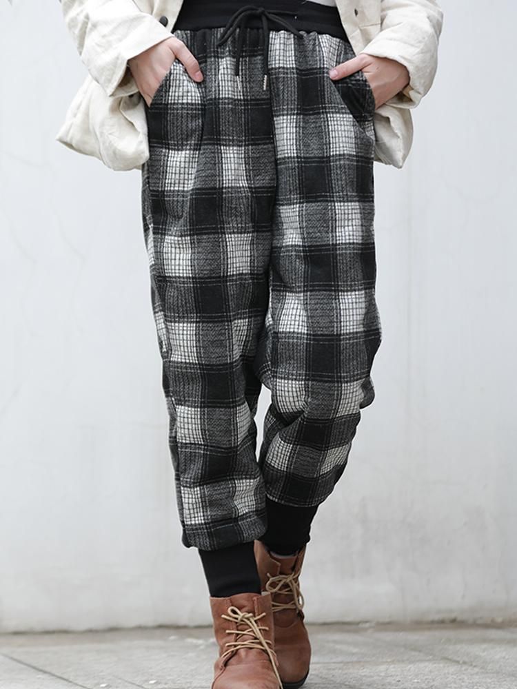 Vinter Retro Plaid Warm Pencil Down Pants