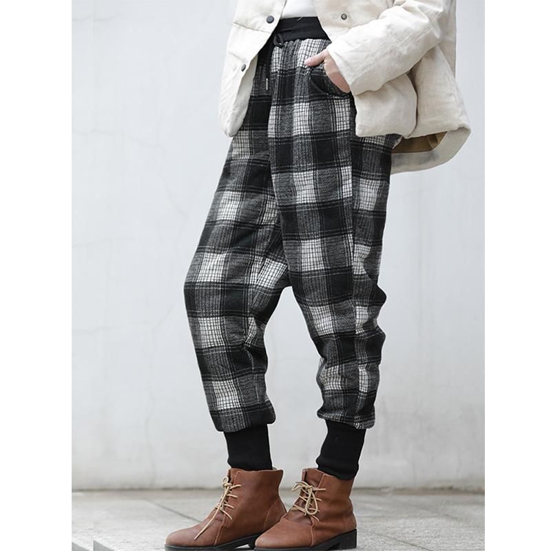 Vinter Retro Plaid Warm Pencil Down Pants