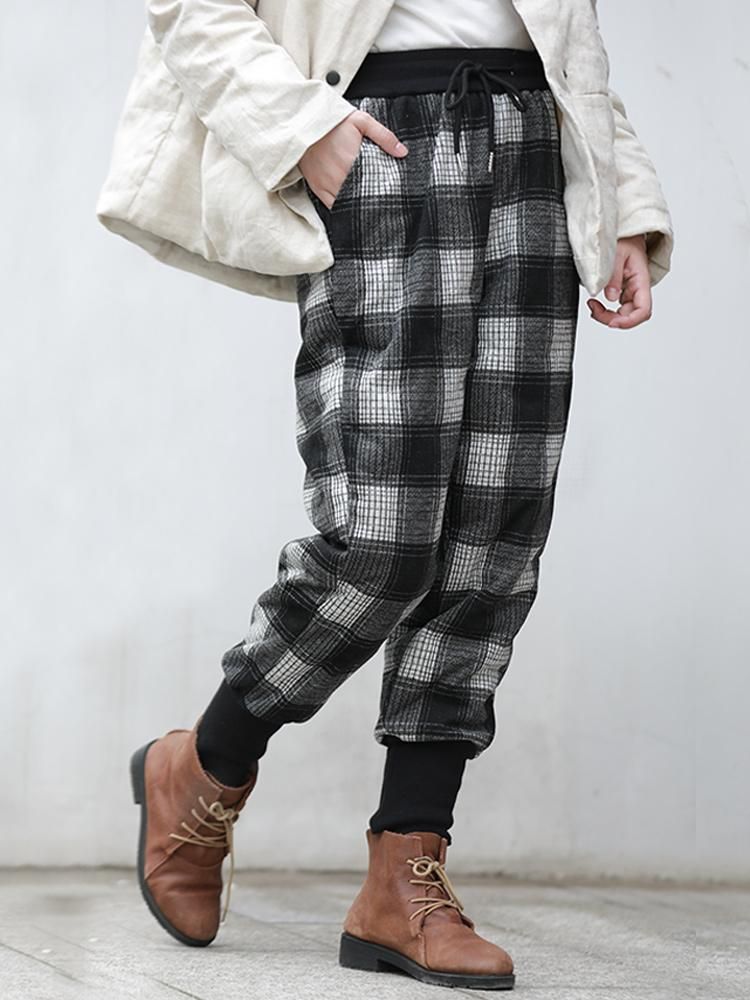 Vinter Retro Plaid Warm Pencil Down Pants